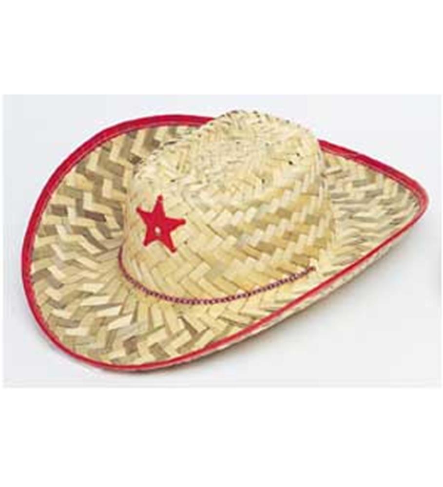 Light brown woven straw sheriff hat with red trim and red star badge on front.