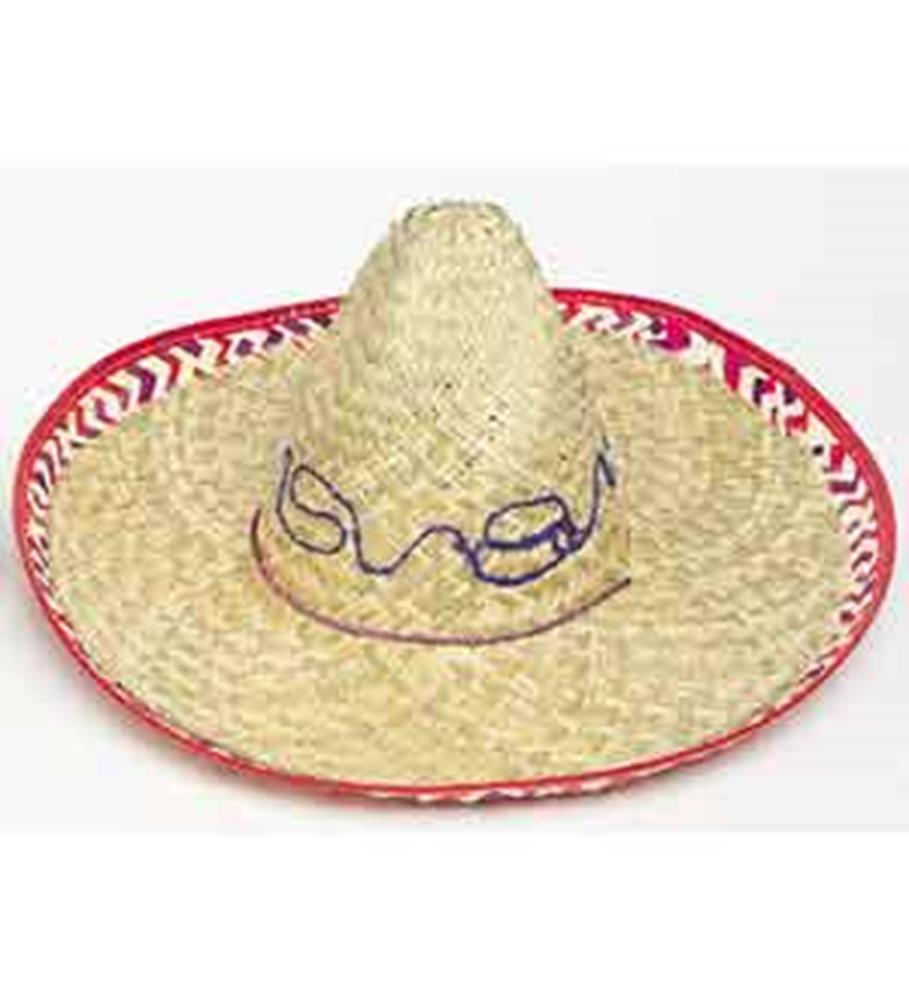 Woven straw adult sombrero with wide brim, red decorative edge, and blue embroidered design on crown.