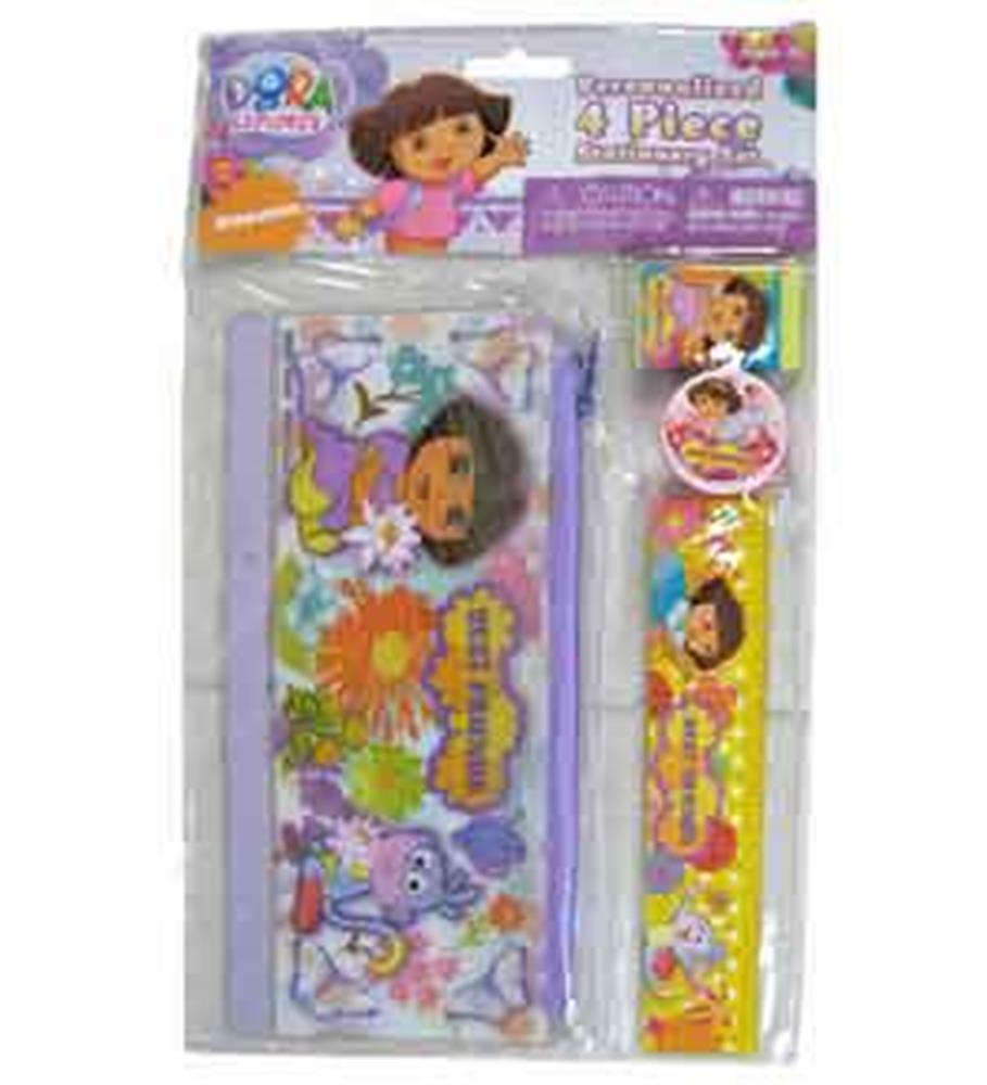 Dora the Explorer 4-piece stationery set with pencil case, ruler, sharpener, and eraser in purple and yellow colors with.
