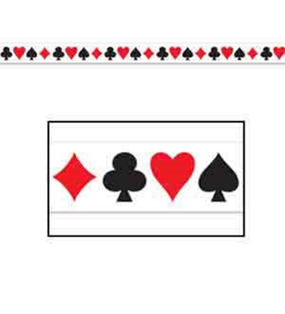 White party tape with repeating red diamonds, black clubs, red hearts, and black spades card suits.