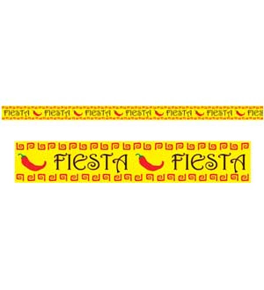 Yellow party tape with red chili peppers and bold red "FIESTA" text surrounded by decorative border designs.