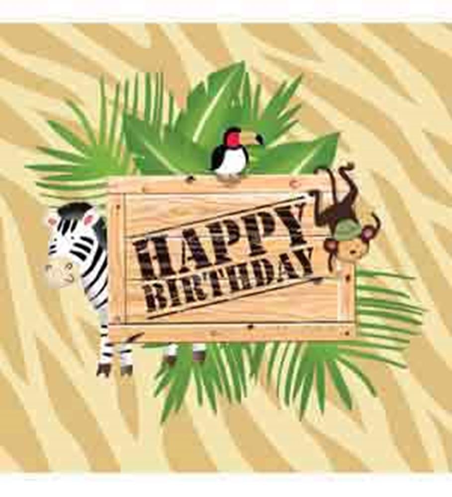Square napkin with beige and brown zebra print background, green palm leaves, zebra, toucan, monkey, and wooden sign reading