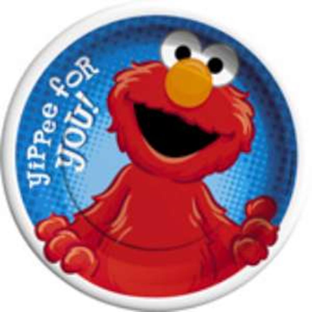 Round blue paper plate featuring smiling red Elmo with orange nose and white eyes, white text "Yippee for you!".