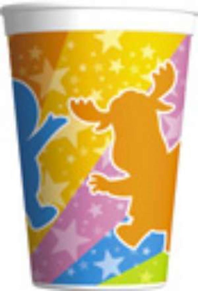 Colorful plastic cup with Backyardigans characters in blue and orange on a yellow and pink starry background.