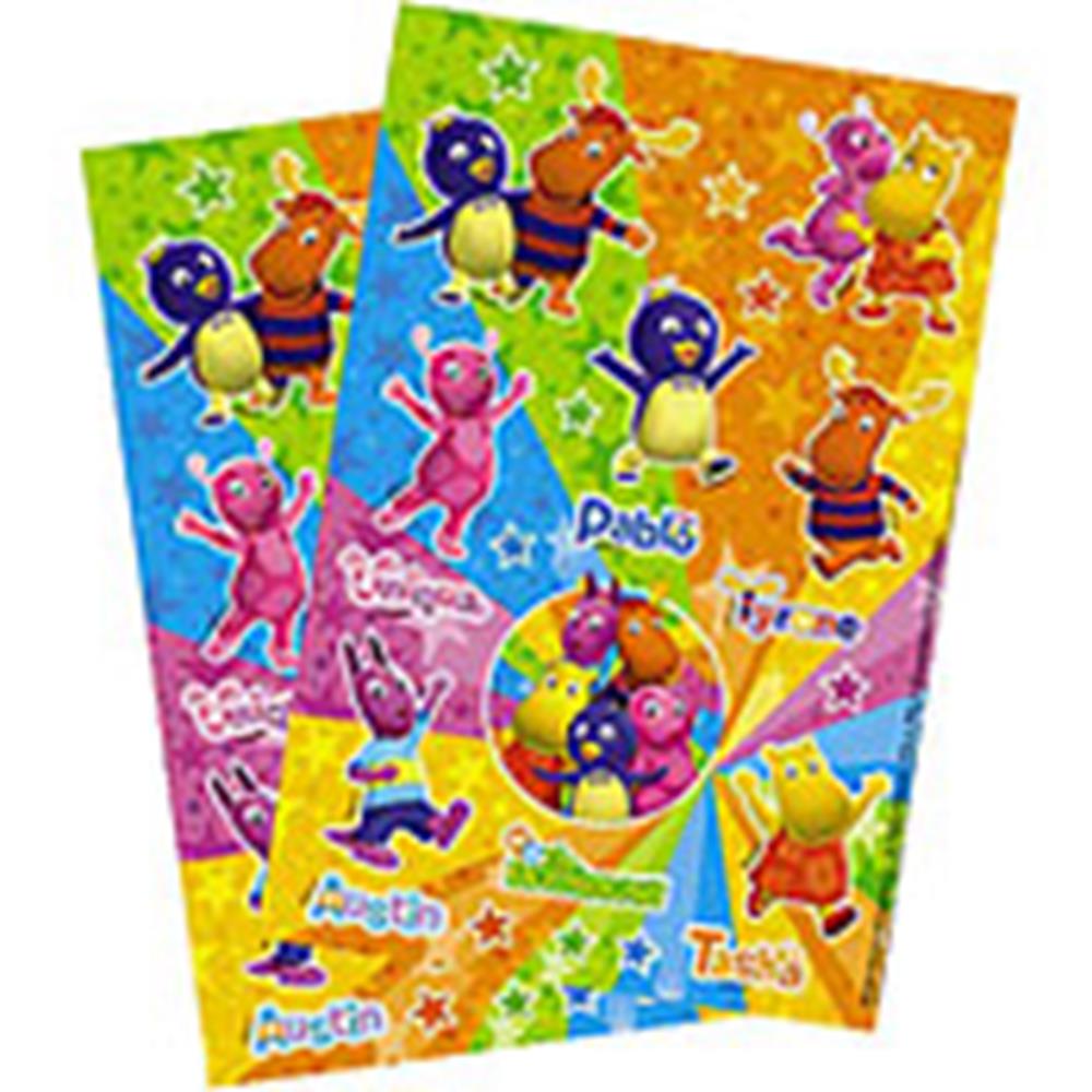 Colorful Backyardigans stickers featuring characters Pablo, Tyrone, Uniqua, Austin, and Tasha on bright starry backgrounds.