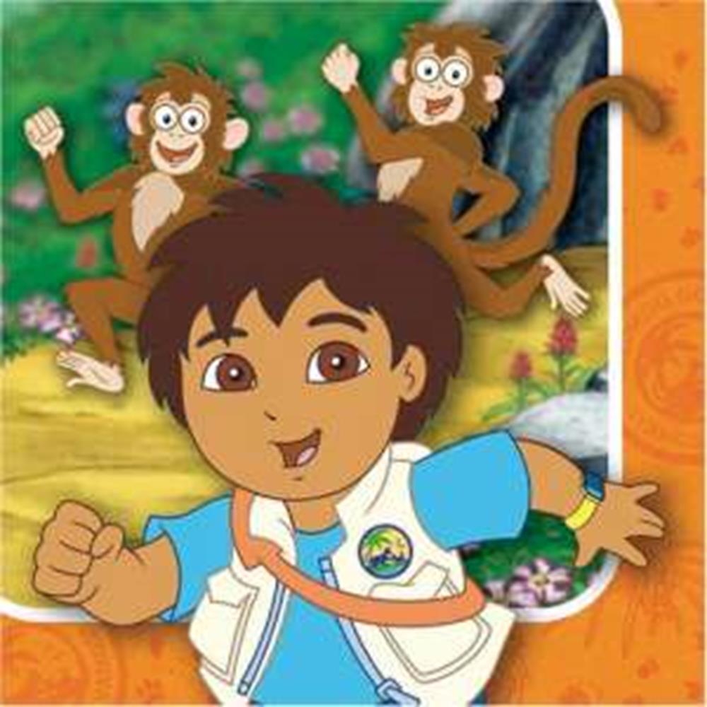Orange square napkins featuring Diego from Go Diego Go with two playful monkeys on a jungle background.