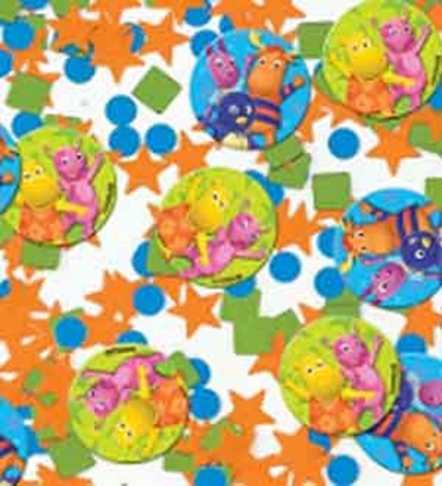 Colorful confetti with orange stars, green squares, blue circles, and Backyardigans character cutouts.