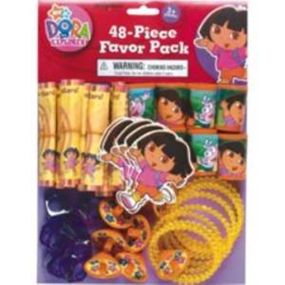 Dora the Explorer 48-piece party favor pack with bracelets, mini puzzles, and stickers in colorful packaging.