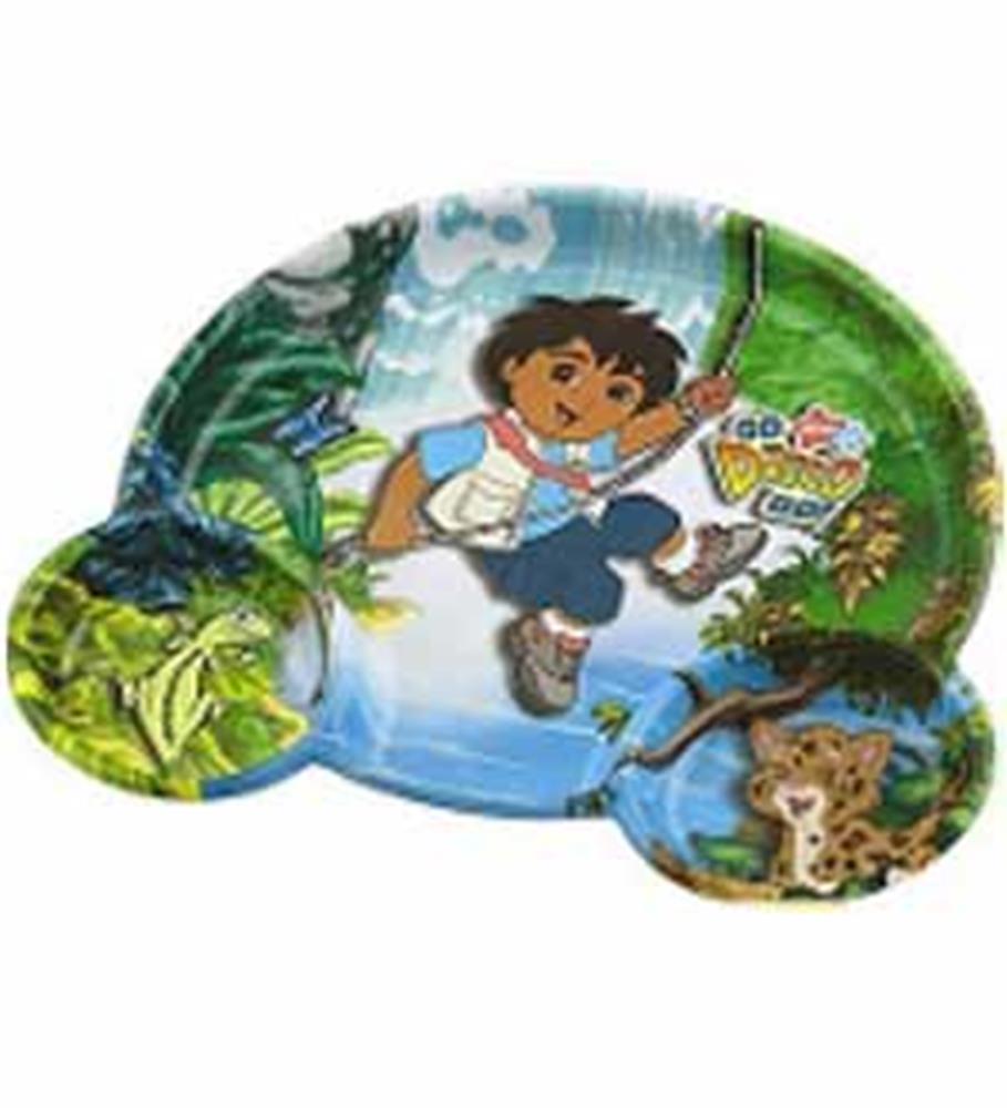 Colorful compartmentalized plastic snack plate featuring animated Diego with jungle and animal designs, three sections.