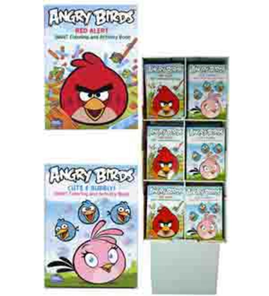 Two Angry Birds coloring books with colorful cartoon characters on glossy covers, plus six small packs of themed crayons.