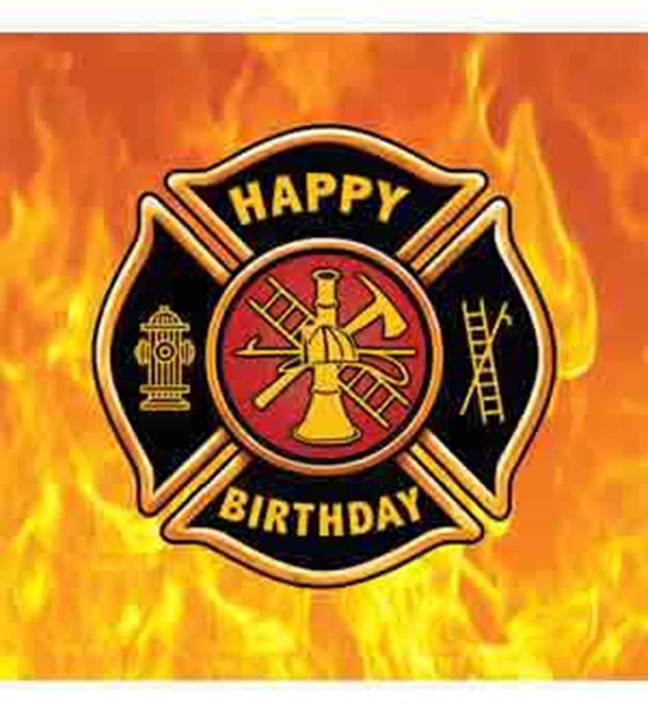 Black large birthday napkin with firefighter emblem, yellow and red fire hydrant, ladder, and axe on a fiery background.