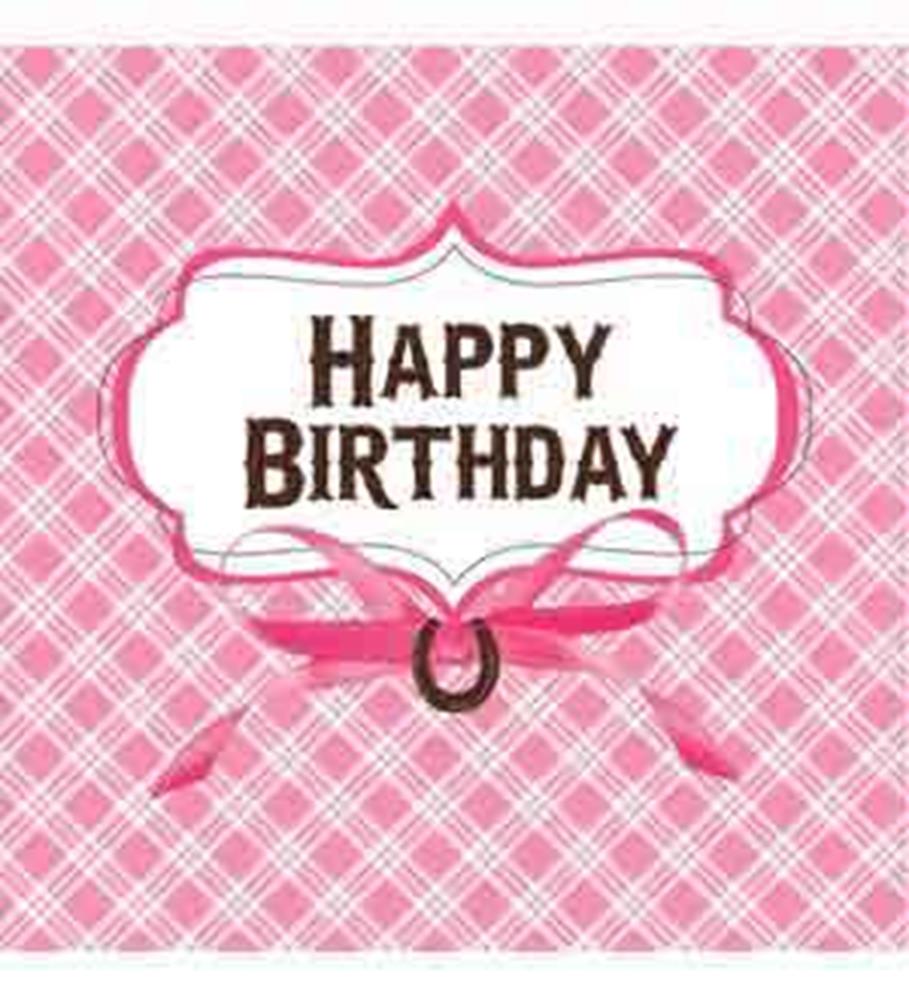 Pink plaid 3-ply napkin with "Happy Birthday" in brown script inside white label featuring horseshoe and ribbon design.