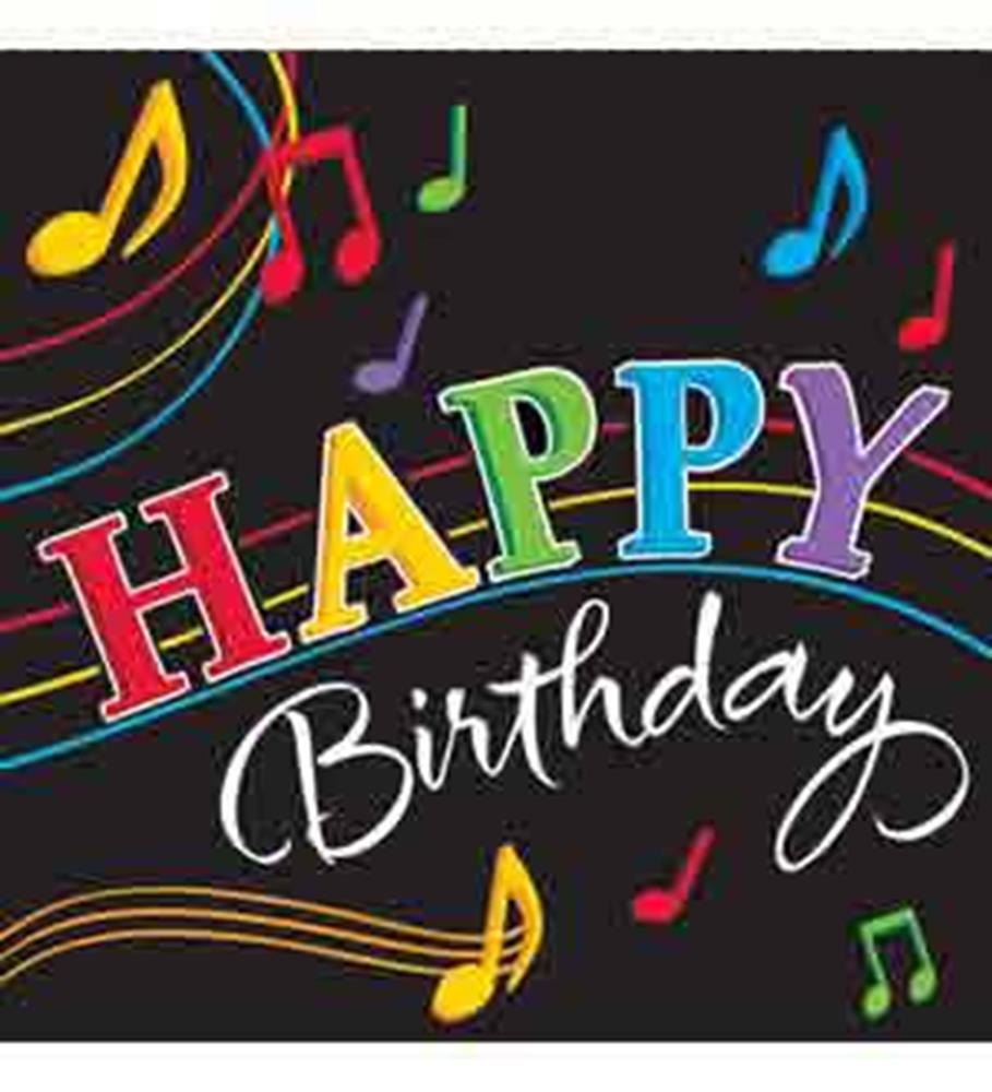 Black square napkin with colorful dancing music notes and vibrant "HAPPY Birthday" text in multicolor and white script.