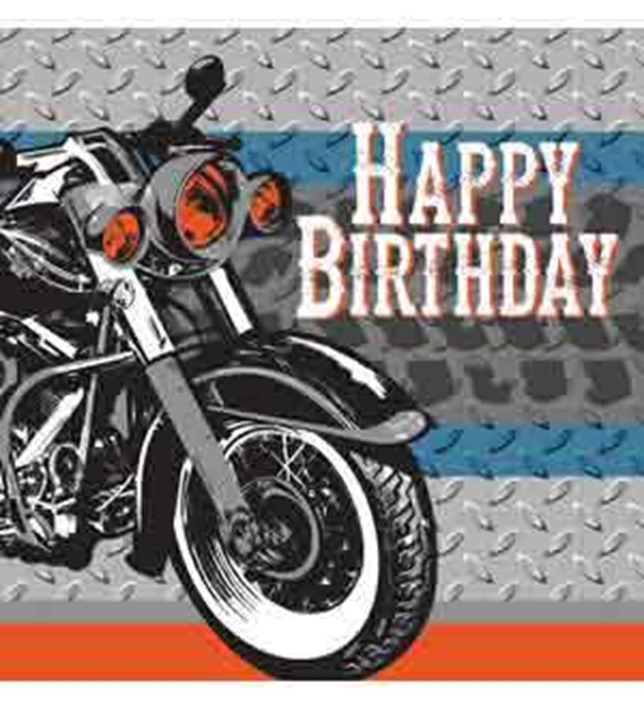 Birthday napkin with black motorcycle graphic on silver diamond plate background, "Happy Birthday" text in white and orange,