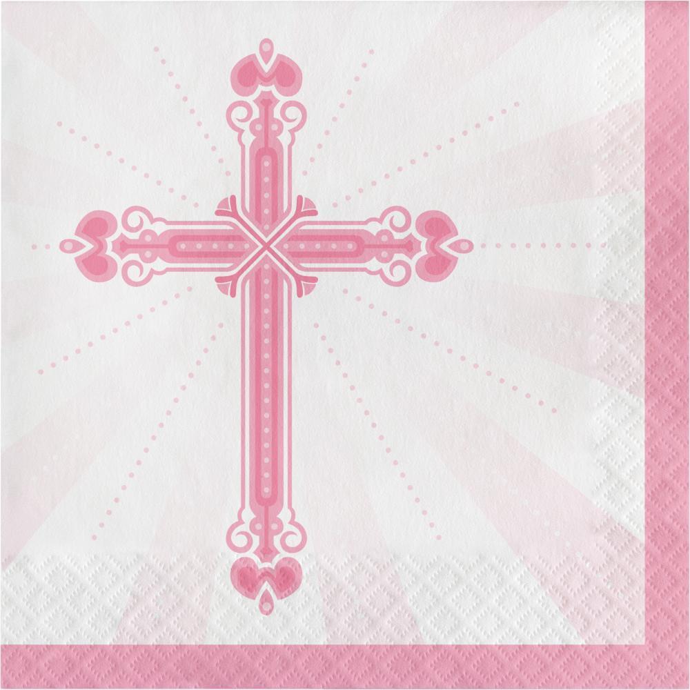 Square white napkin with a pink ornate cross in the center and a pink border.