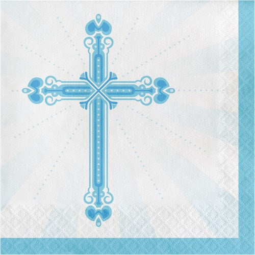 White square napkin with a large ornate blue cross centered and a blue border along two edges.