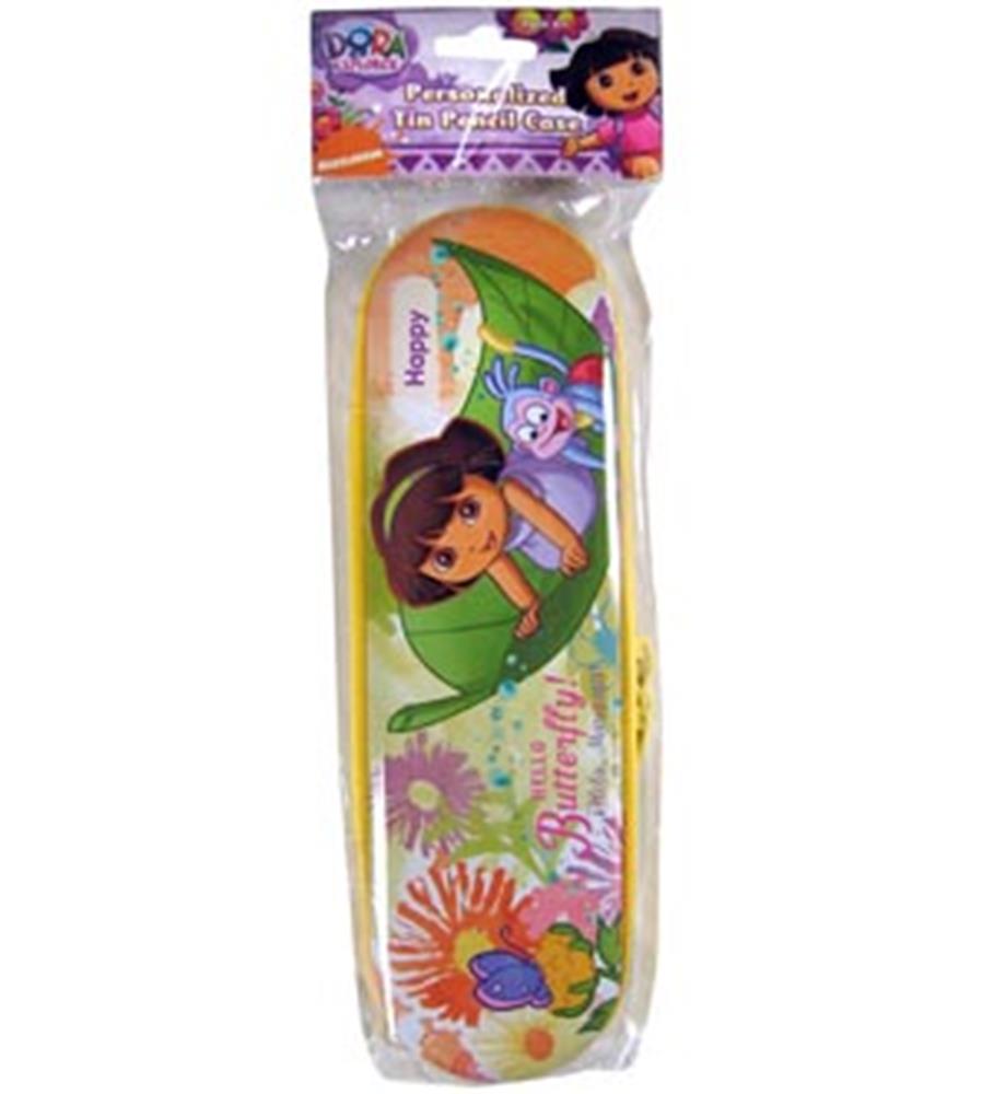 Yellow rectangular tin pencil case featuring Dora the Explorer holding a green umbrella with Boots the monkey and colorful.