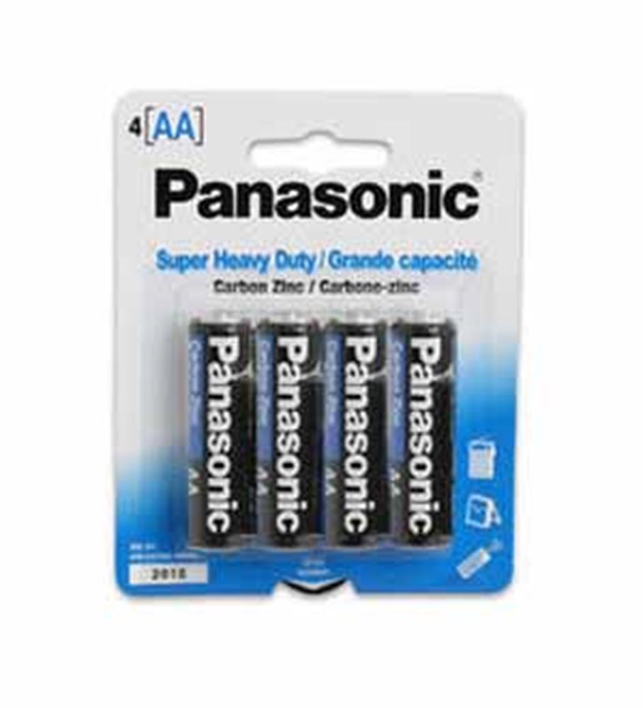 Pack of four Panasonic AA super heavy duty carbon zinc batteries with black and silver casing in white and blue packaging.