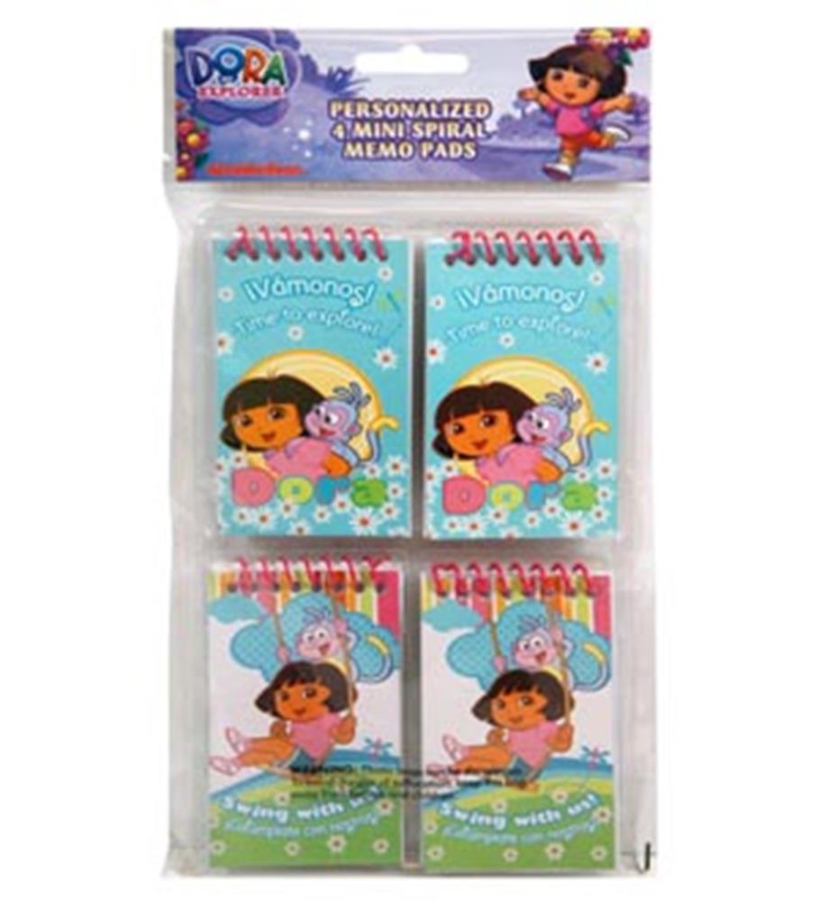 Set of four colorful Dora the Explorer mini spiral notepads with playful birthday-themed covers and character illustrations.