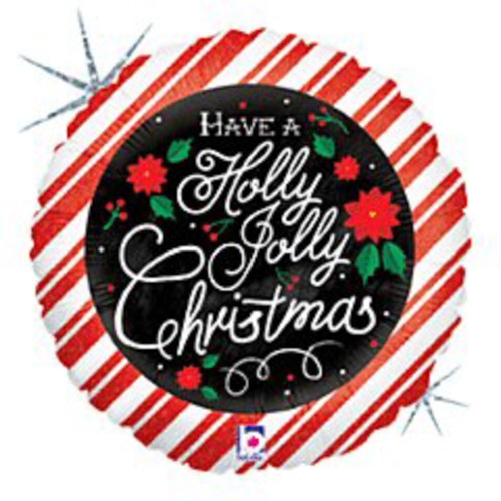 Round foil balloon with red and white candy cane stripes and black center featuring white "Have a Holly Jolly Christmas".
