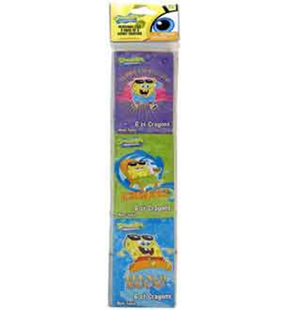 Set of six rectangular crayons in three packs, each pack featuring colorful SpongeBob SquarePants-themed wrappers with.