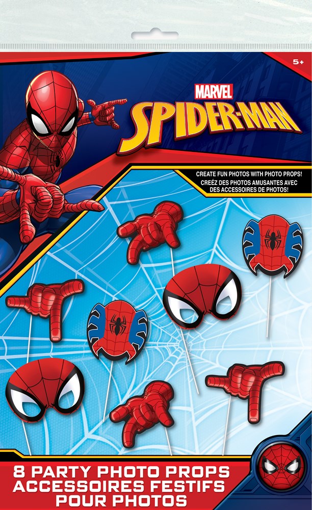 Set of 8 Spider-Man themed photo props featuring masks and hand gestures on sticks.