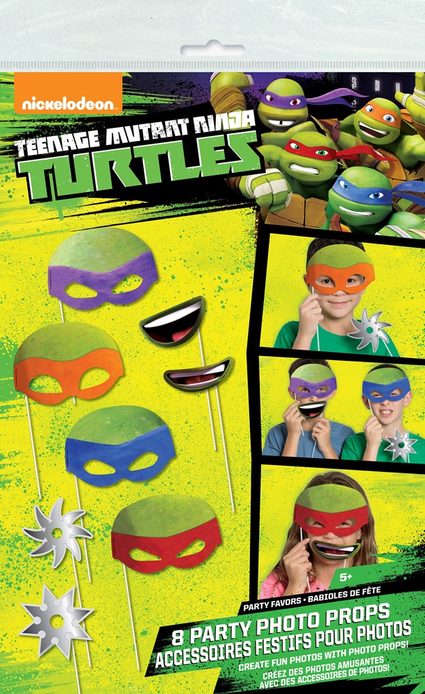 Set of 8 Teenage Mutant Ninja Turtles themed photo booth props with colorful masks and cartoon-style weapons on sticks.