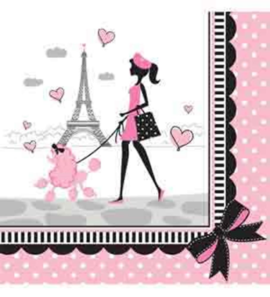 Square pink and white polka dot napkin with black scalloped border, Eiffel Tower, and silhouette of girl walking pink poodle.