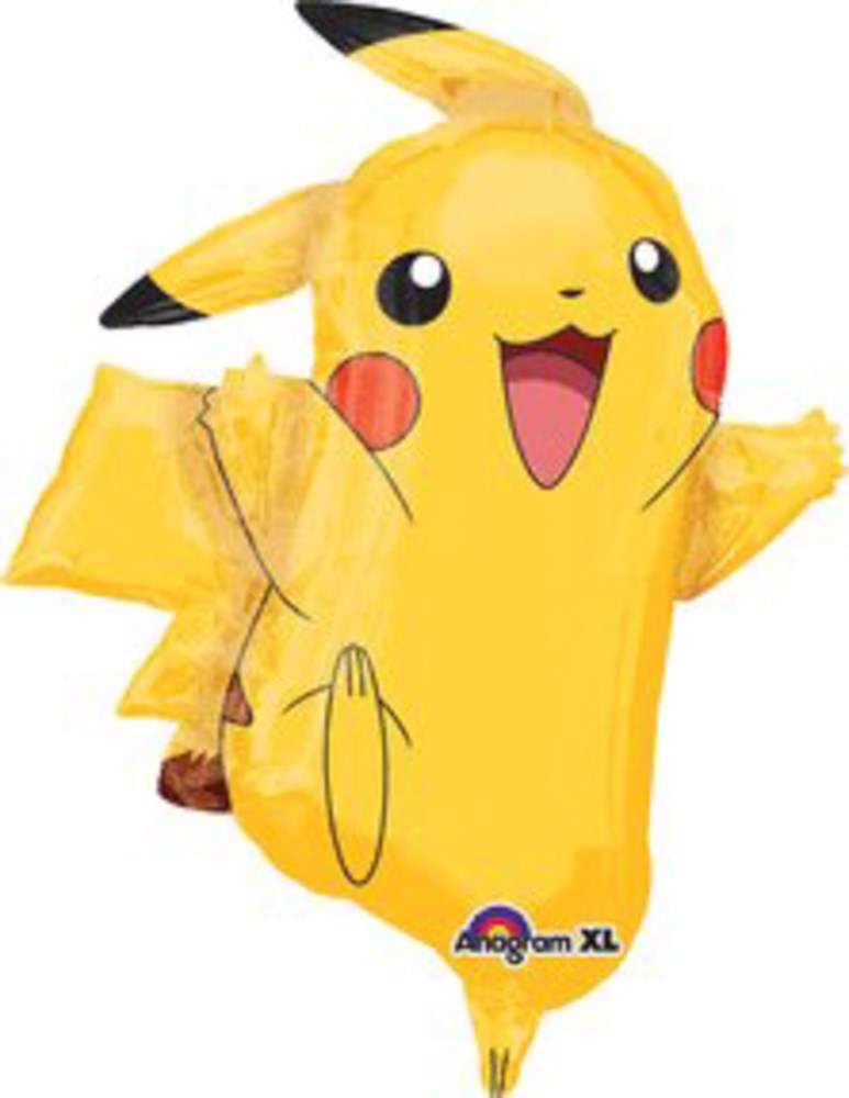 Yellow Pikachu-shaped foil balloon with red cheeks, black-tipped ears, and happy expression, 31 inches tall.