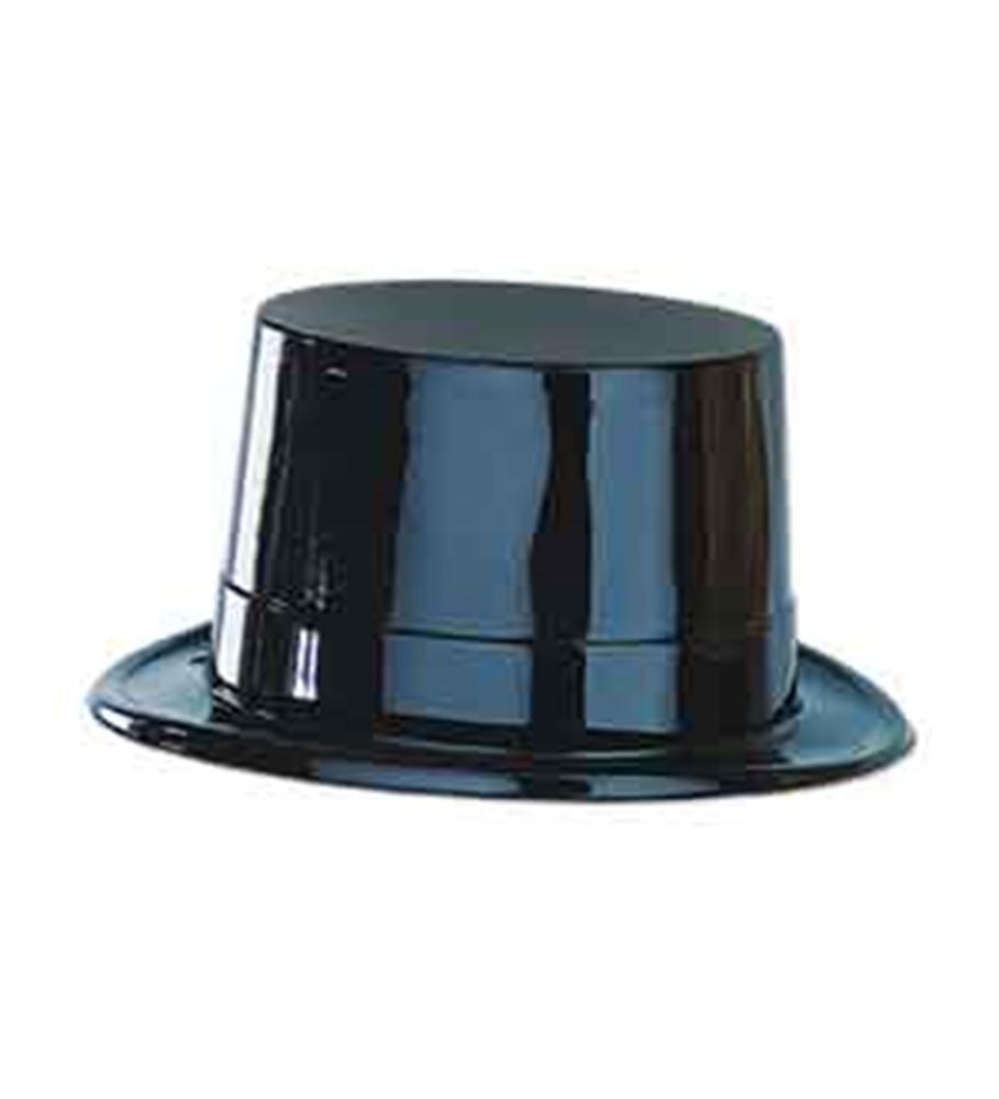 Glossy black plastic top hat topper with a rounded crown and flat brim.
