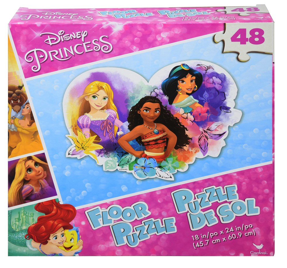 Bright pink box featuring Disney Princesses Rapunzel, Moana, and Jasmine with 48-piece floor puzzle text.