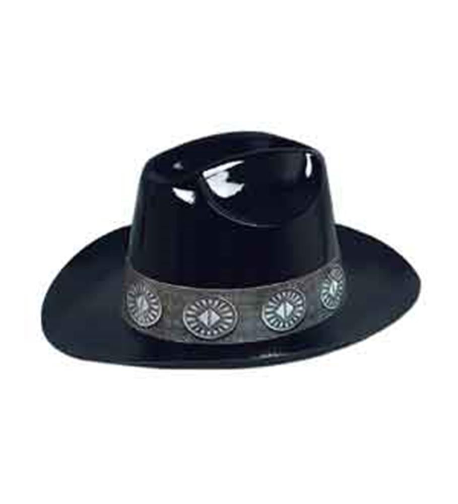 Black plastic cowboy hat with silver decorative band and concho details.