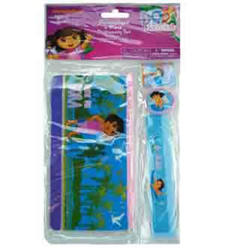 Four-piece Dora and Friends stationery set with notebook, ruler, eraser, and pencil sharpener in blue and purple packaging.