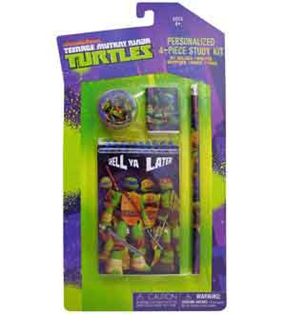 Teenage Mutant Ninja Turtles study kit with green and purple packaging, includes pencil, eraser, sharpener, and small.