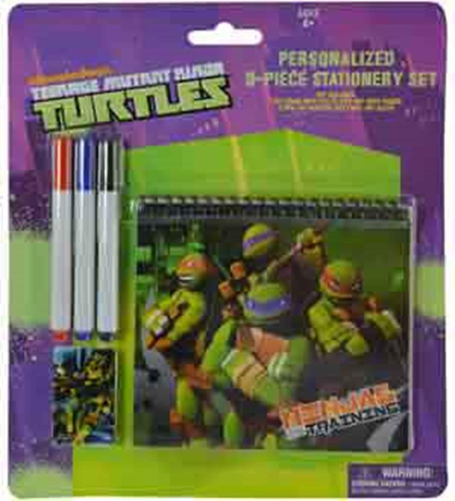 Teenage Mutant Ninja Turtles 6-piece stationery set with four white pens, spiral notebook, and sticker sheet in purple-green