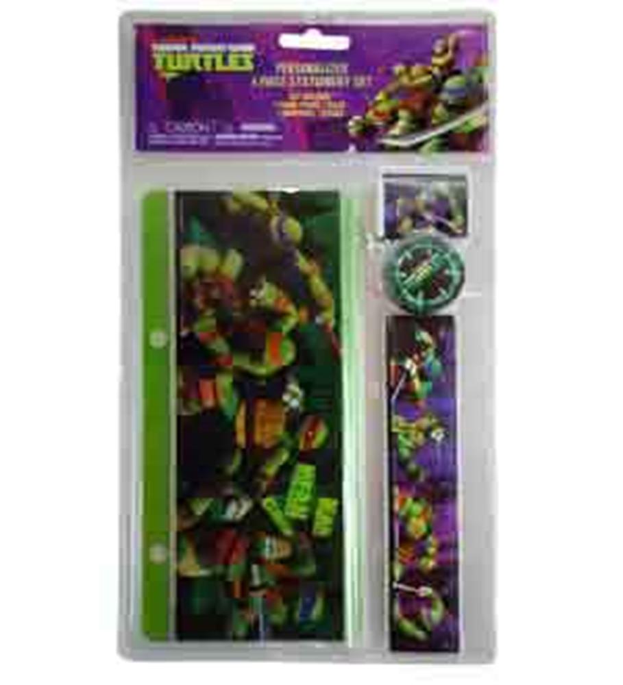 Teenage Mutant Ninja Turtle themed stationery set with pencil case, ruler, and watch featuring colorful turtle graphics on.