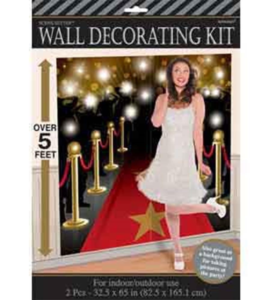 Red carpet backdrop kit with gold stanchions, velvet ropes, and star accents, over 5 feet tall.