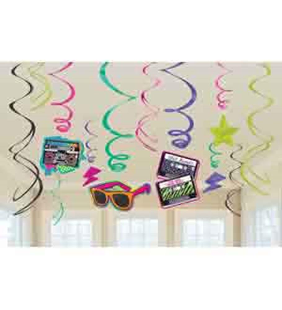 Multicolor hanging swirl decorations with 80s-themed cutouts like sunglasses, cassette tape, and neon shapes.