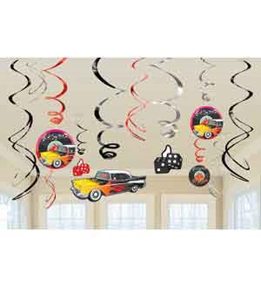 Black, red, and silver spiral hanging decorations with 1950s car and diner-themed cutouts for party decor.