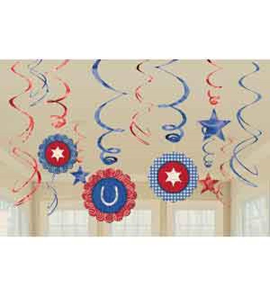 Red and blue spiral hanging decorations with star and horseshoe cutouts for party decor.