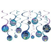 Blue and purple spiral hanging decorations with superhero-themed "Battle Royal" circles for kids' party.