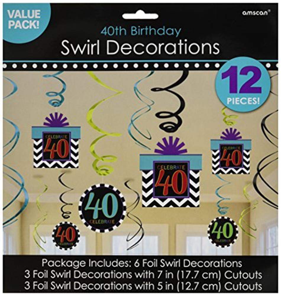 Colorful swirl birthday decorations with 40th milestone foil cutouts in black, green, purple, and orange colors, 12 pieces.