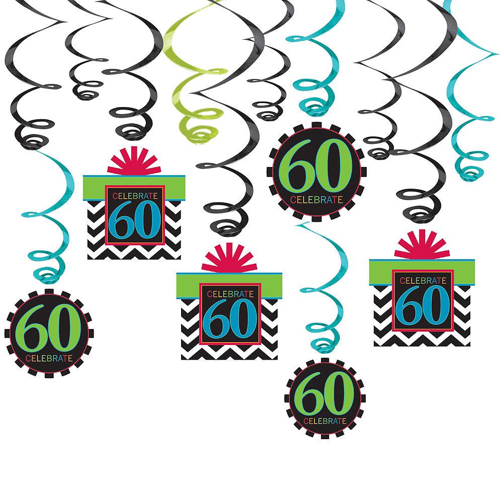 Colorful spiral hanging decorations in black, teal, and lime green featuring "60 Celebrate" tags with chevron patterns and.