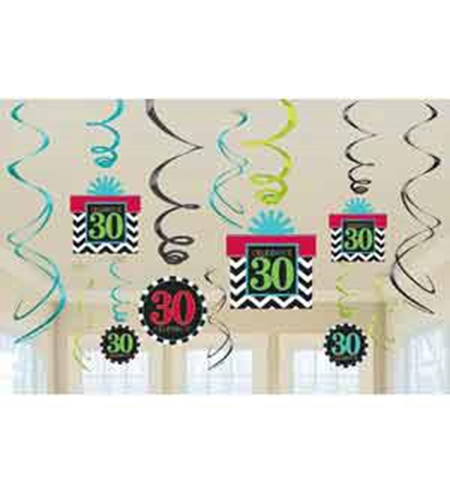30th birthday swirl decorations in teal, black, and lime green with "30" milestone tags and chevron patterns.