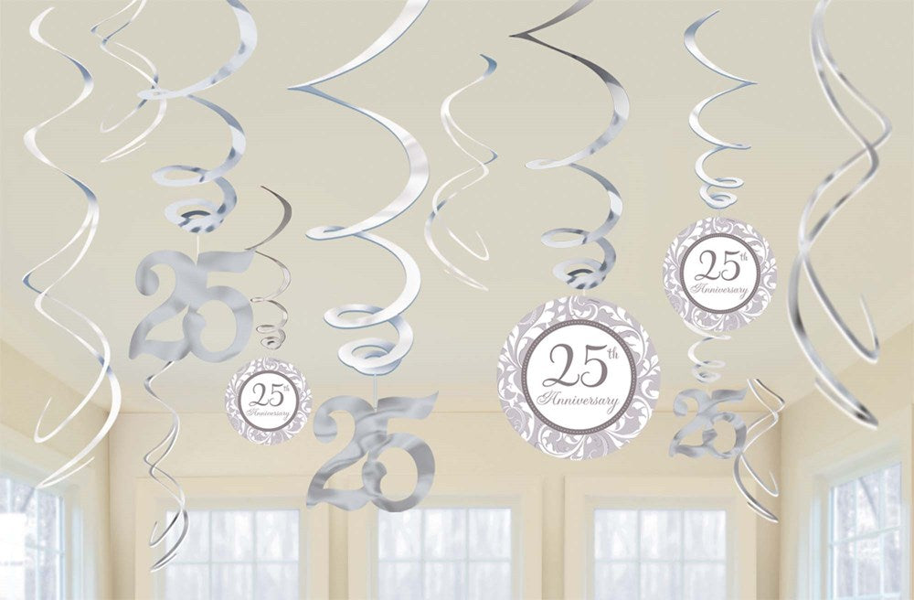 Silver spiral hanging decorations with circular and number 25 cutouts for 25th anniversary celebration.