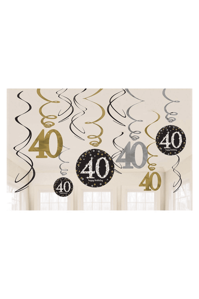 Black and gold hanging swirl decorations with "40" and "Happy Birthday" designs, 12 count.