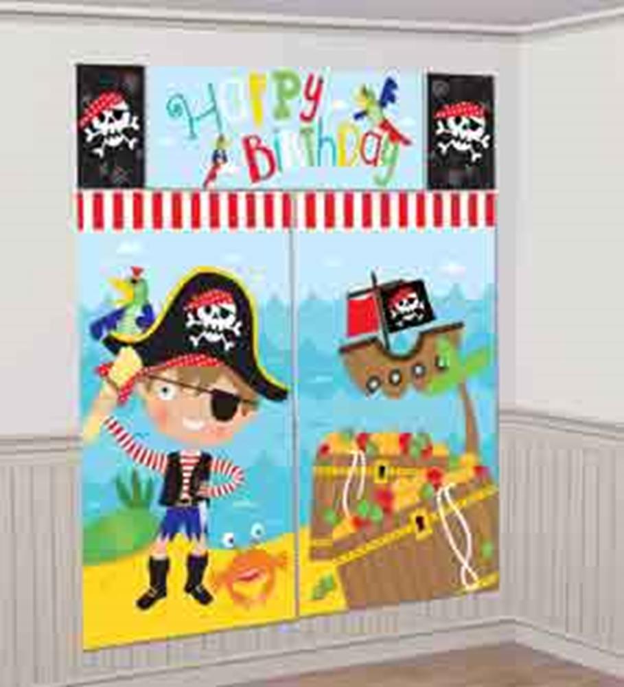 Colorful pirate-themed wall decals featuring a boy pirate, treasure chest, ship, and "Happy Birthday" text.