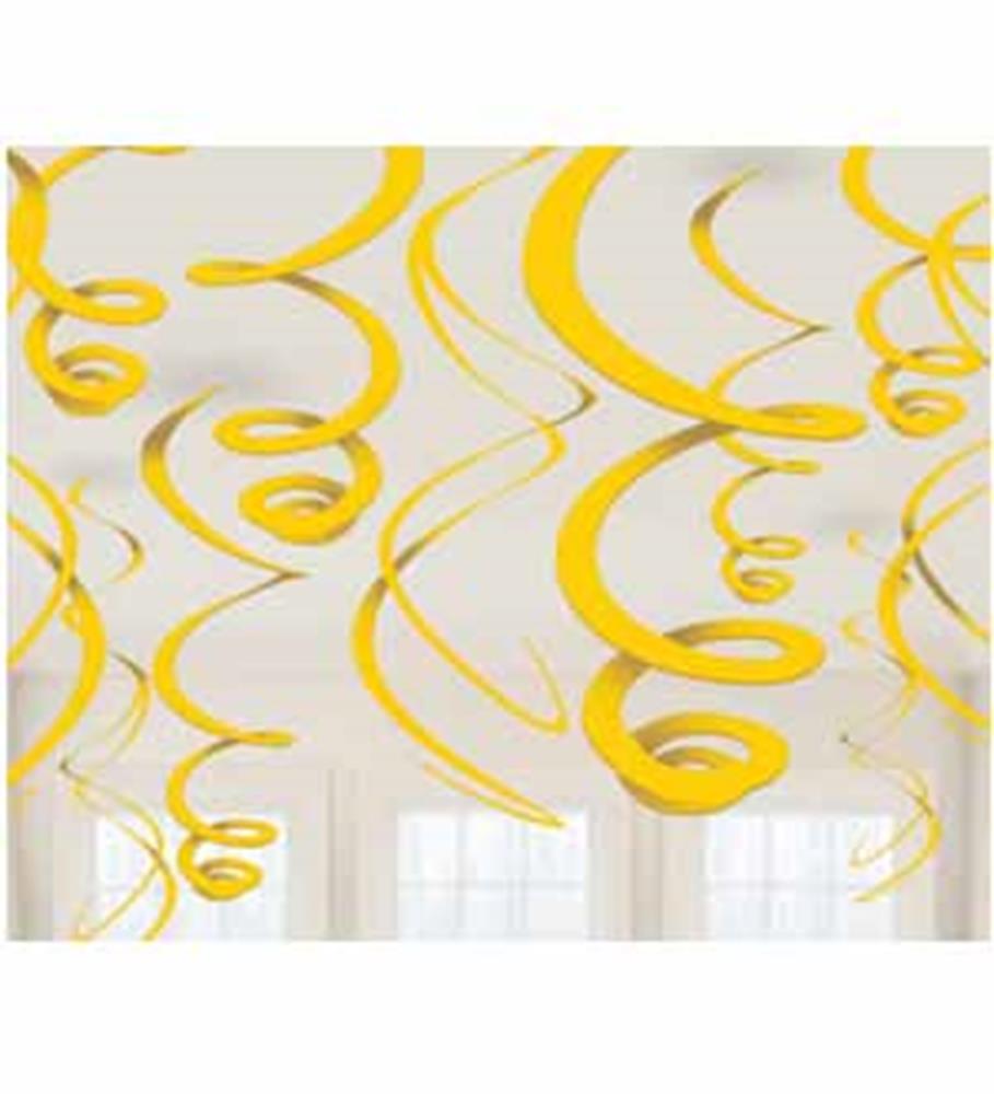 Yellow curly swirl hanging decorations, each strand spiraling downward for party decor.