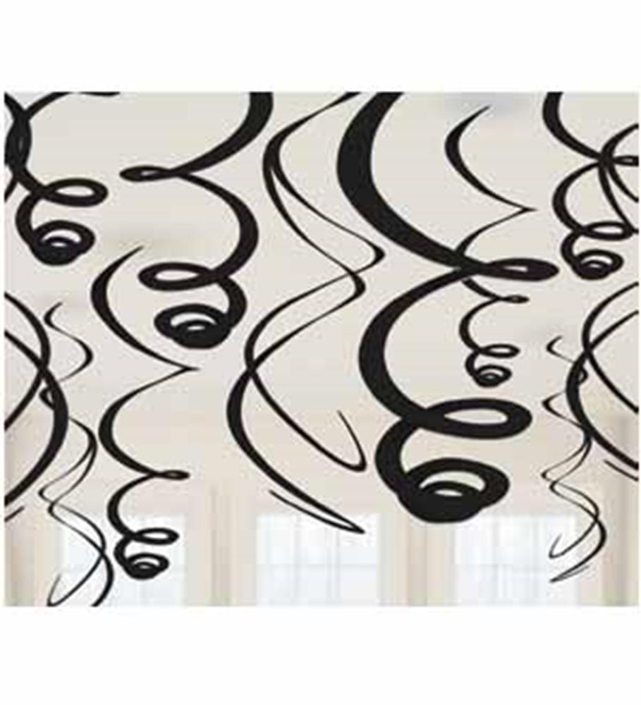 Black swirl hanging decorations with spiral and curl designs against a light background.