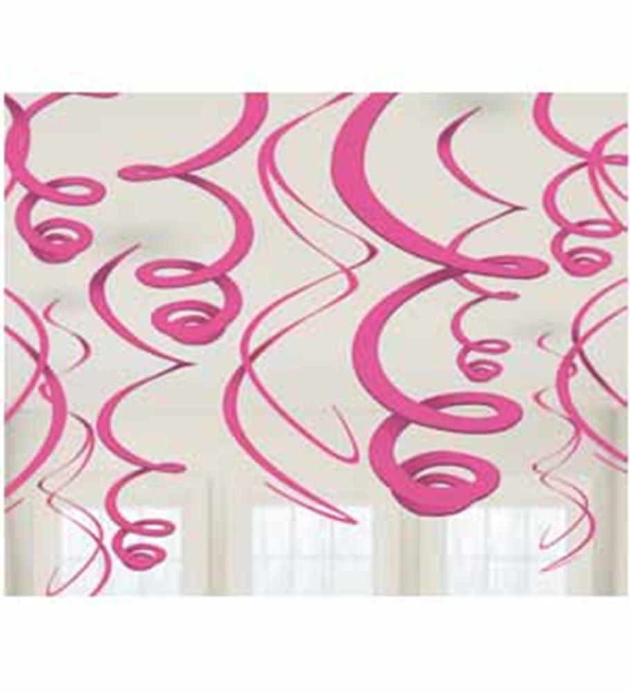 Pink swirl hanging decorations with varying spiral lengths on white background.